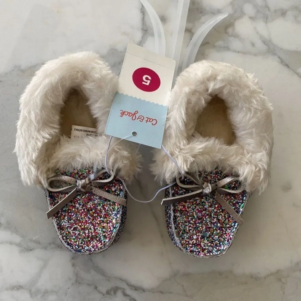 Cat and Jack‎ Glitter Moccasins size 5 Toddler Multicolor bow Slipper Shoe